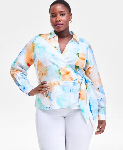 Inc International Concepts Plus Size Printed Wrap Top, Macy's Exclusive In Blue