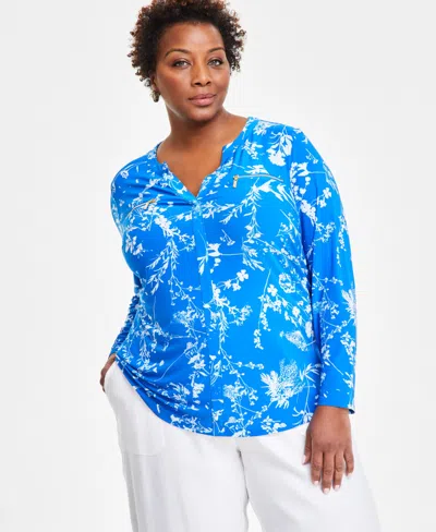 Inc International Concepts Plus Size Printed Zip-pocket Top, Created For Macy's In Johanna Bouquet