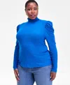 Inc International Concepts Plus Size Puff-shoulder Ribbed Turtleneck, Created For Macy's In Blue