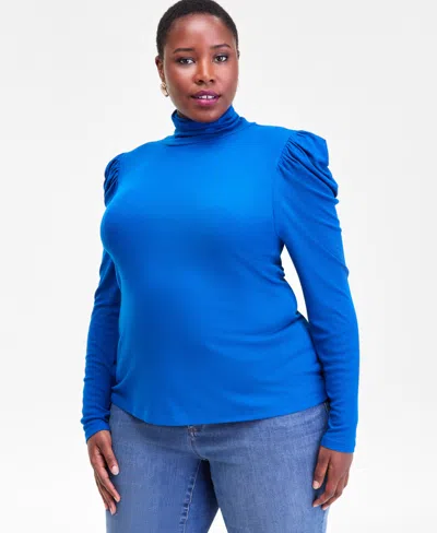 Inc International Concepts Plus Size Puff-shoulder Ribbed Turtleneck, Created For Macy's In Blue