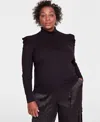 Inc International Concepts Plus Size Puff-shoulder Ribbed Turtleneck, Created For Macy's In Deep Black