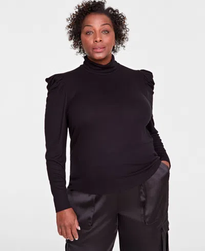 Inc International Concepts Plus Size Puff-shoulder Ribbed Turtleneck, Created For Macy's In Deep Black