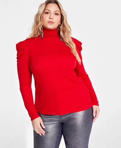 Inc International Concepts Plus Size Puff-shoulder Ribbed Turtleneck, Created For Macy's In Red Zenith