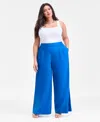 Inc International Concepts Plus Size Pull-on Linen-blend Wide-leg Pants, Macy's Exclusive In Blue