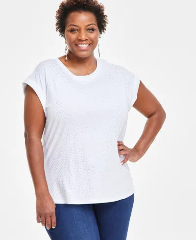 Inc International Concepts Plus Size Rhinestone Rolled-sleeve Top, Created For Macy's In Bright White