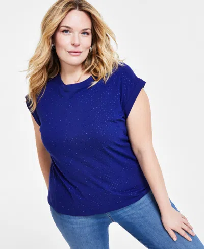 Inc International Concepts Plus Size Rhinestone Rolled-sleeve Top, Created For Macy's In Sapphire Crush