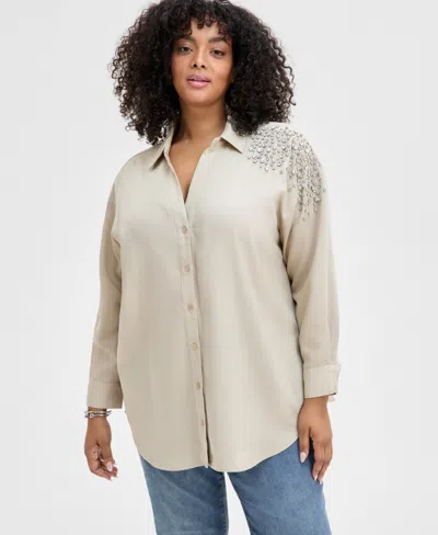 Inc International Concepts Plus Size Rhinestone-shoulder Tunic Shirt, Exclusively At Macy's In Natural Sand