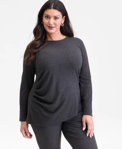 Inc International Concepts Plus Size Ribbed Asymmetrical-hem Top, Macy's Exclusive In Black