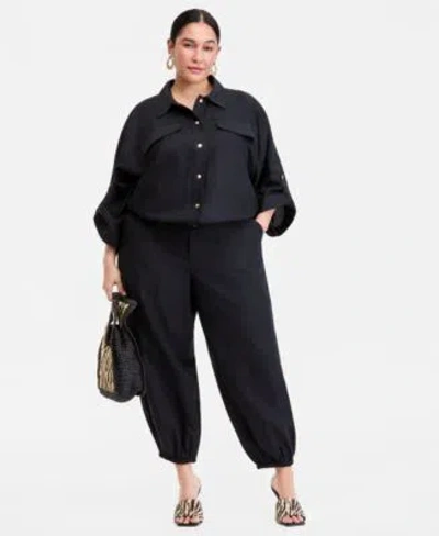 Inc International Concepts Plus Size Roll Tab Sleeve Snap Front Shirt Jacket High Rise Balloon Leg Pants Macys Exclusive In Black