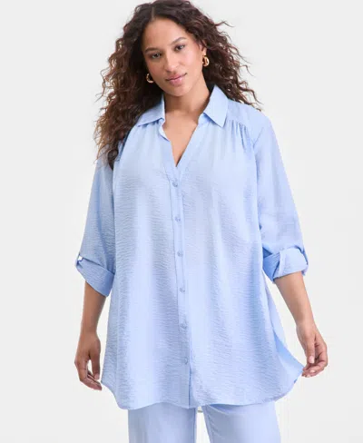 Inc International Concepts Plus Size Roll-tab-sleeve Button-front Tunic, Macy's Exclusive In Blue
