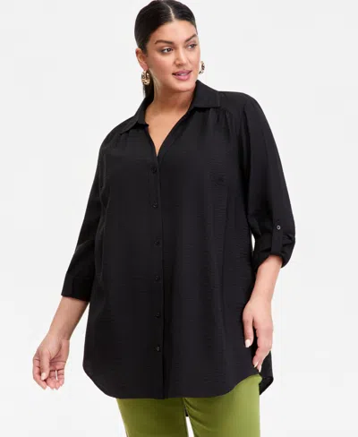 Inc International Concepts Plus Size Roll-tab-sleeve Button-front Tunic, Macy's Exclusive In Black