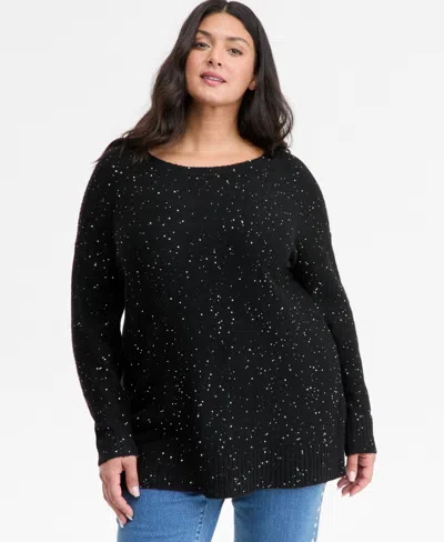 Inc International Concepts Plus Size Roving Sequin Boat-neck Tunic Sweater, Macy's Exclusive In Black