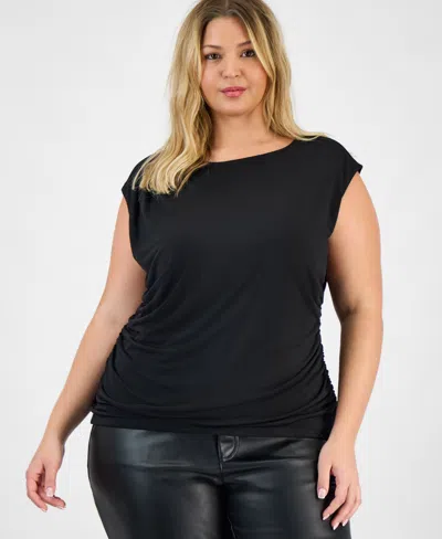 Inc International Concepts Plus Size Ruched Boat-neck Extended-sleeve Top, Macy's Exclusive In Black