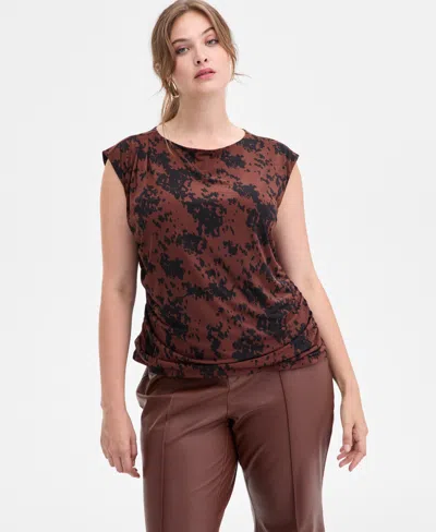 Inc International Concepts Plus Size Ruched Boat-neck Extended-sleeve Top, Macy's Exclusive In Brown
