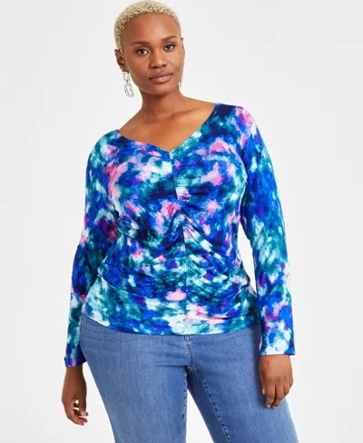 Inc International Concepts Plus Size Printed Long-sleeve Top, Exclusively At Macy's In Delia Dye