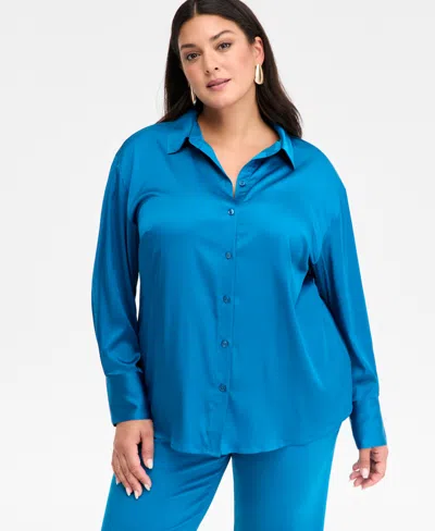 Inc International Concepts Plus Size Satin Silky Shirt, Macy's Exclusive In Blue