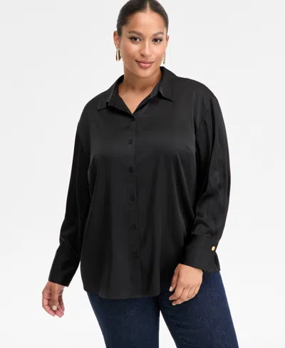 Inc International Concepts Plus Size Satin Silky Shirt, Macy's Exclusive In Black