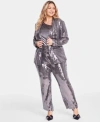 Inc International Concepts Plus Size Sequined Blazer Asymmetrical Neck Metallic Foil Top Sequined Straight Leg Pants Created Fo In Gunmetal