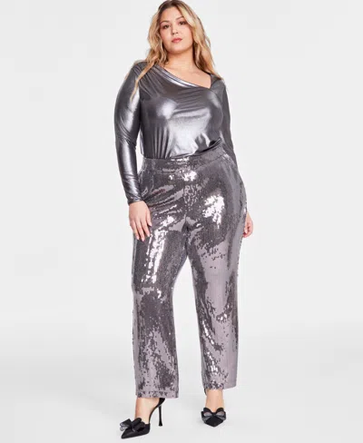 Inc International Concepts Plus Size Asymmetrical-neck Metallic Foil Top, Created For Macy's In Silver