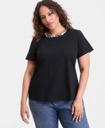 Inc International Concepts Plus Size Sequin-neck-trim T-shirt, Macy's Exclusive In Black