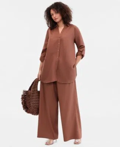 Inc International Concepts Plus Size Shirt Wide Leg Pants Macys Exclusive In Brown