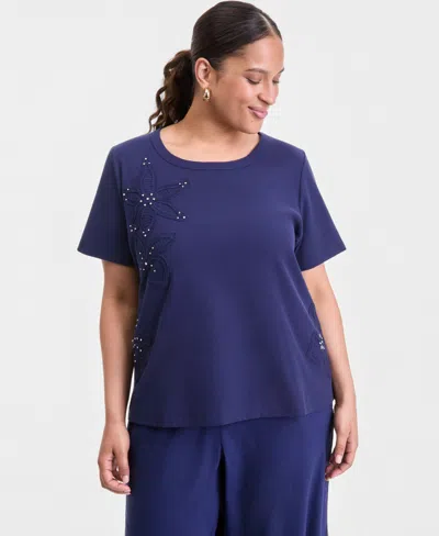 Inc International Concepts Plus Size Short-sleeve Crochet Embellished T-shirt, Macy's Exclusive In Purple
