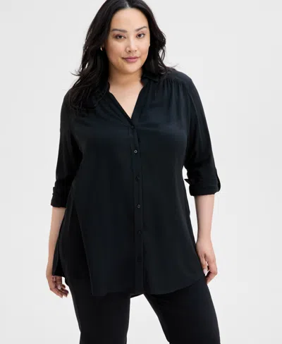 Inc International Concepts Plus Size Side-slit Top, Created For Macy's In Deep Black
