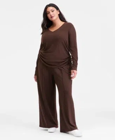 Inc International Concepts Plus Size Side Tie Top Wide Leg Pants Macys Exclusive In Brown