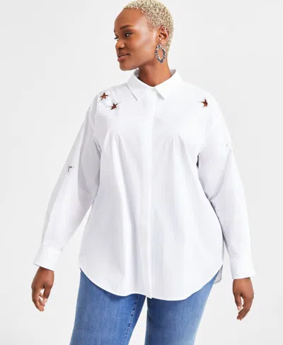 Inc International Concepts Plus Size Star-cutout Shirt, Exclusively At Macy's In Bright White