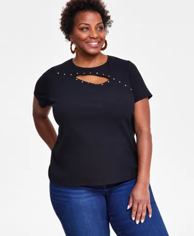Inc International Concepts Plus Size Studded Cutout Top, Created For Macy's In Deep Black