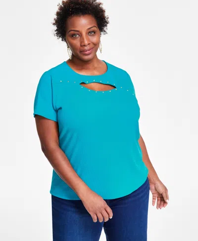 Inc International Concepts Plus Size Studded Cutout Top, Created For Macy's In Fresco Blue