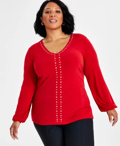 Inc International Concepts Plus Size Studded V-neck Blouson-sleeve Top, Created For Macy's In Red Zenith
