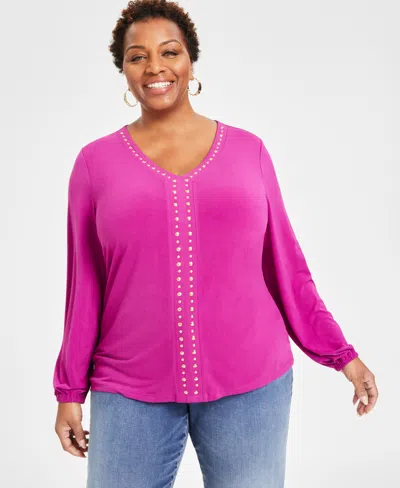 Inc International Concepts Plus Size Studded V-neck Blouson-sleeve Top, Created For Macy's In Violet Crush
