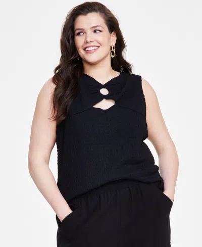 Inc International Concepts Plus Size Textured O-ring Top, Created For Macy's In Deep Black