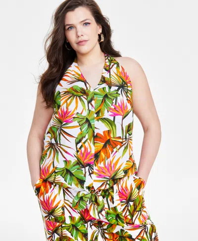 Inc International Concepts Plus Size Linen-blend Tie-front Halter Top, Created For Macy's In Tropical Garden