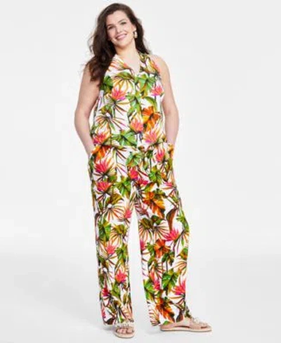 Inc International Concepts Plus Size Tie Front Halter Top Wide Leg Pants Created For Macys In Tropical Garden