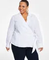 Inc International Concepts Plus Size Linen-blend Tied Surplice Top, Exclusively At Macy's In Bright White