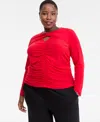 Inc International Concepts Plus Size Twist-keyhole Ruched-front Top, Macy's Exclusive In Red