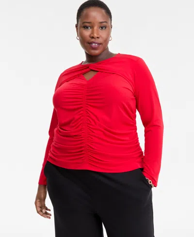 Inc International Concepts Plus Size Twist-keyhole Ruched-front Top, Macy's Exclusive In Red