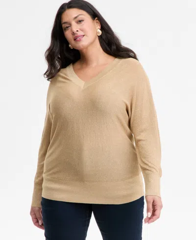 Inc International Concepts Plus Size V-neck Dolman-sleeve Sweater, Macy's Exclusive In Brown
