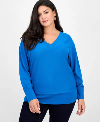 Inc International Concepts Plus Size V-neck Dolman-sleeve Top, Created For Macy's In Blue