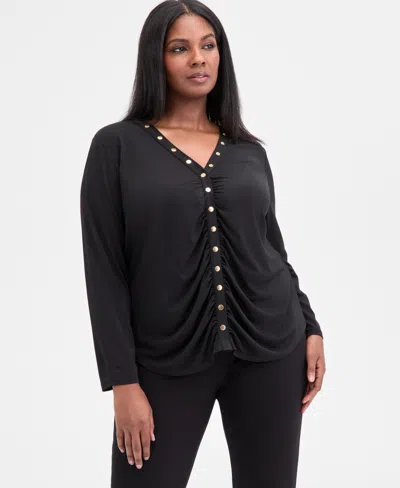 Inc International Concepts Plus Size V-neck Long-sleeve Blouse, Macy's Exclusive In Black