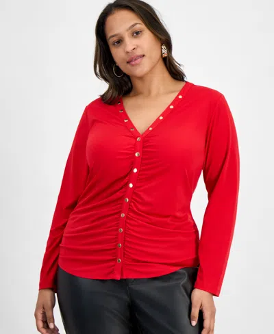 Inc International Concepts Plus Size V-neck Long-sleeve Blouse, Macy's Exclusive In Red