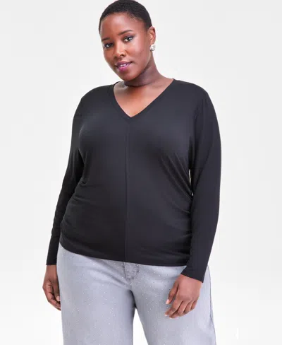 Inc International Concepts Plus Size V-neck Long-sleeve Layering Top, Macy's Exclusive In Black