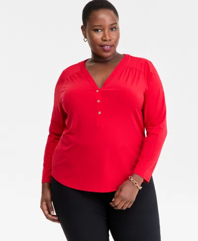 Inc International Concepts Plus Size V-neck Long-sleeve Top, Macy's Exclusive In Red