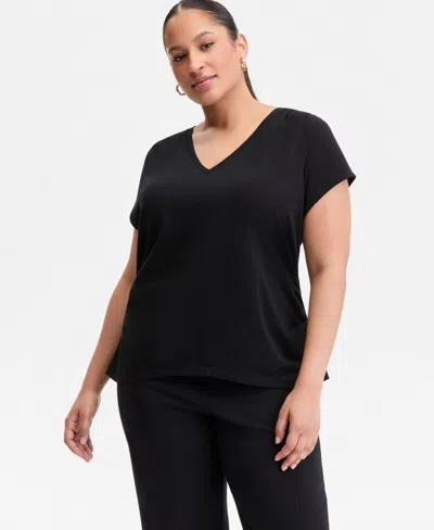 Inc International Concepts Plus Size V-neck Pleated-side T-shirt, Macy's Exclusive In Black