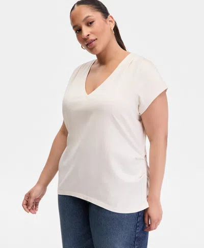 Inc International Concepts Plus Size V-neck Pleated-side T-shirt, Macy's Exclusive In Neutral