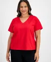 Inc International Concepts Plus Size V-neck Rhinestone-embellished Top, Macy's Exclusive In Red