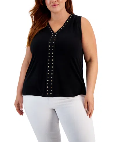 Inc International Concepts Plus Size V-neck Stud-trim Top, Created For Macy's In Deep Black