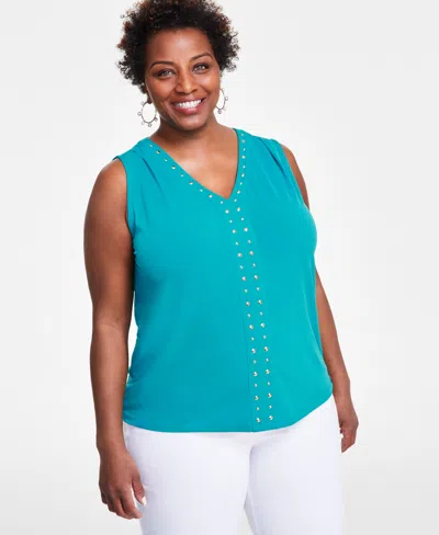 Inc International Concepts Plus Size V-neck Stud-trim Top, Created For Macy's In Fresco Blue